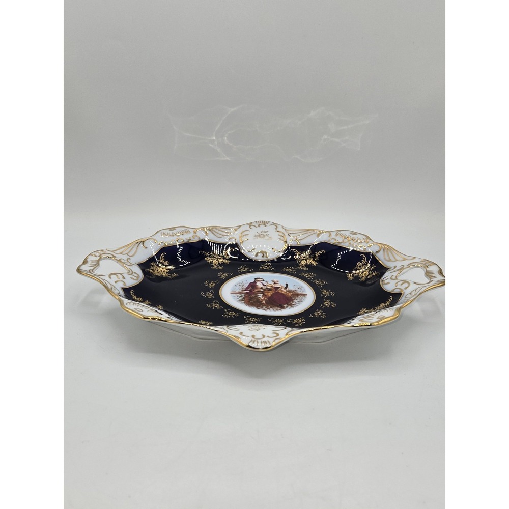 Tiger Yedi Inc Fine Porcelain Fruit Tray Cobalt Blue Gold Courting Couple 12.5" - Picture 3 of 7